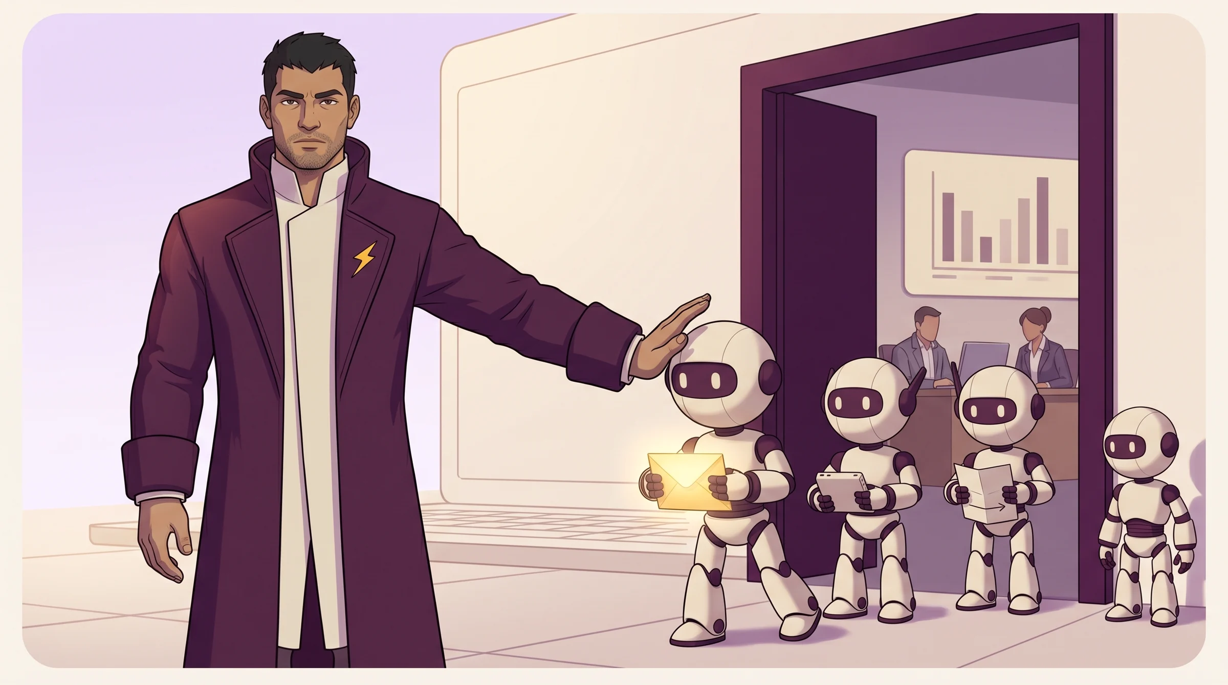 Agents queue at the doorway while the Guard decides what may pass