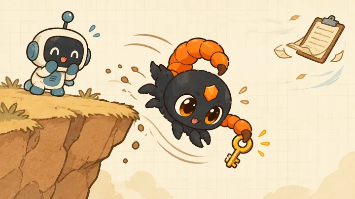 The Sting mascot dives off a cliff edge and catches a falling golden key with its tail, while an old report flutters away too late.