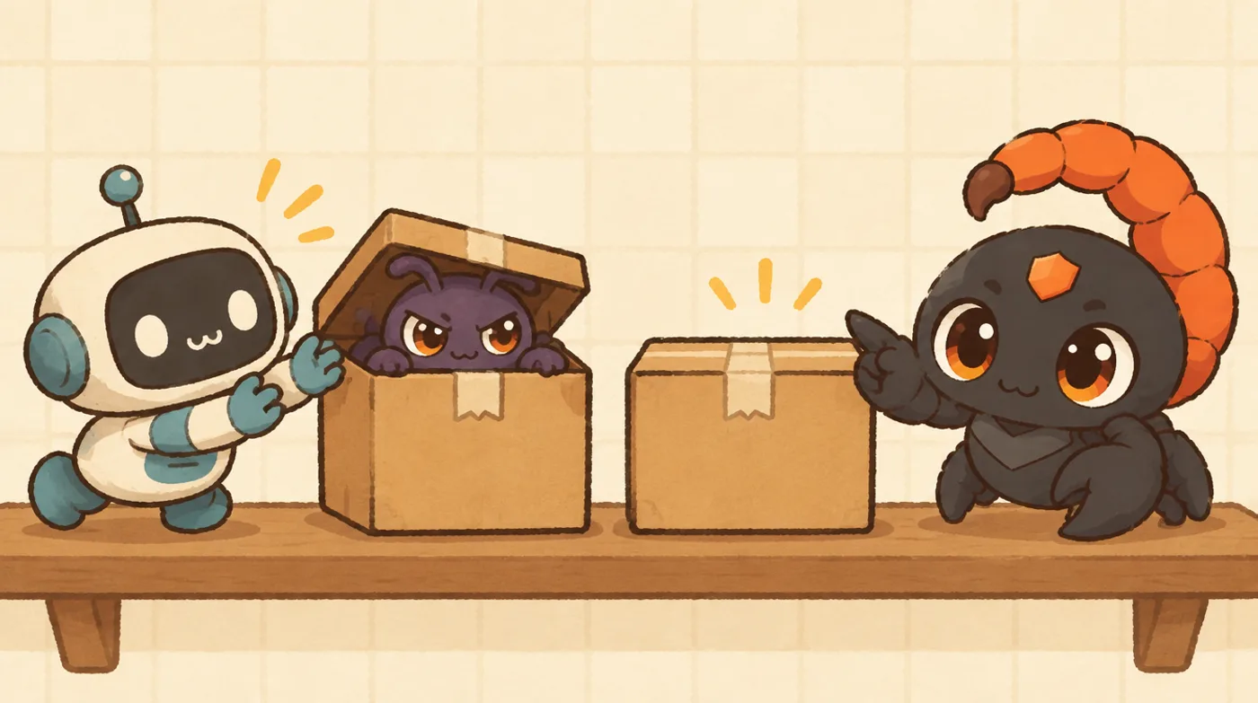 Two almost identical parcels sit on a shelf; a bug peeks out of one while the robot reaches for it, and the Sting mascot points to the safe one.