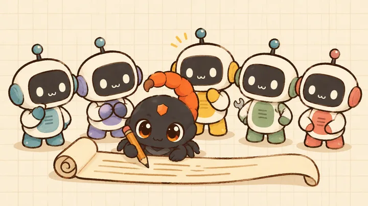 Five little robots of different colors stand in a row while the Sting mascot writes everything down on one long scroll.