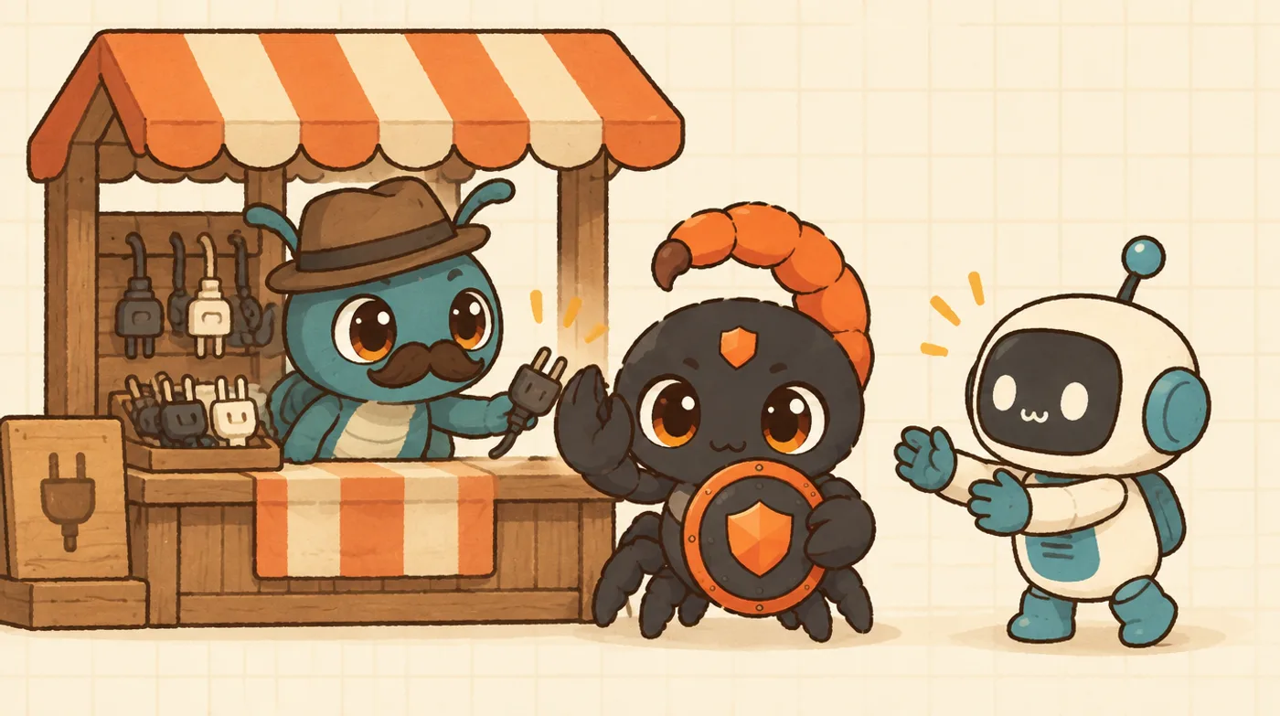 A bug in a shopkeeper disguise hands a plug to the robot agent at a market stall, while the Sting mascot blocks the handover with its shield.
