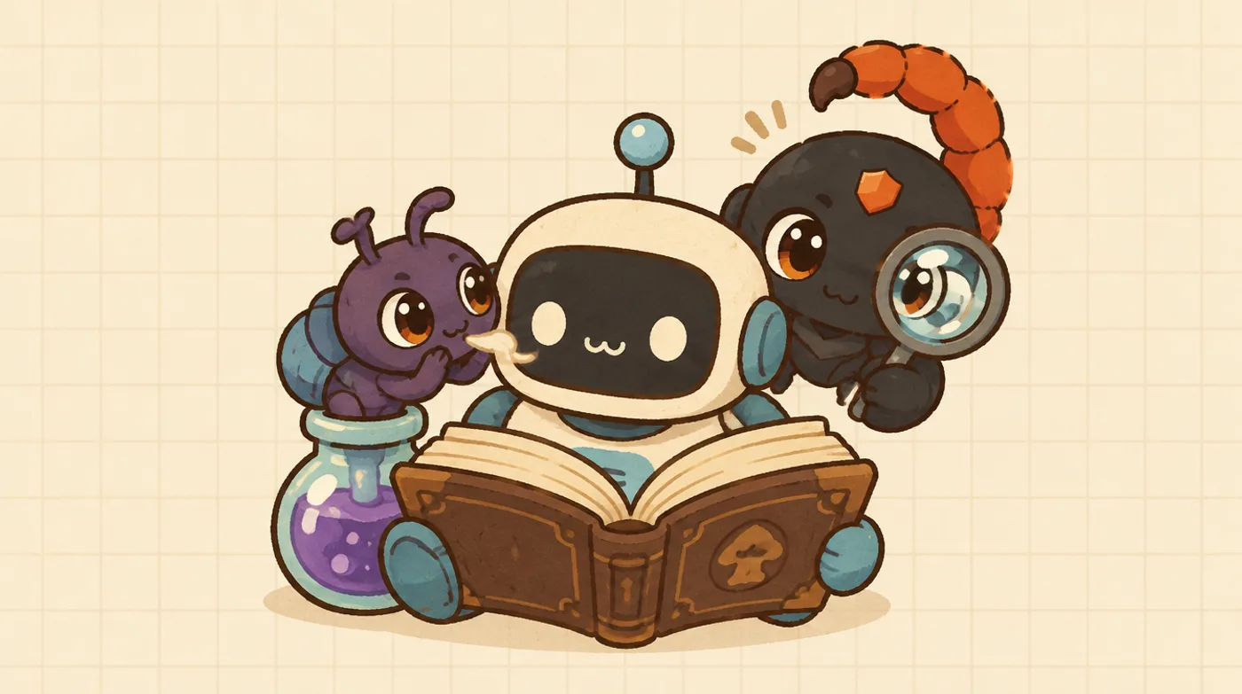 The robot agent reads a big book while a sneaky bug whispers from a potion bottle, and the Sting mascot watches with a magnifying glass.