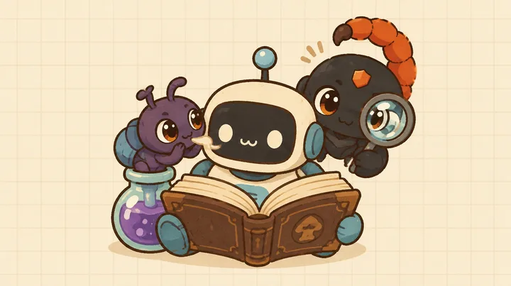 The robot agent reads a big book while a sneaky bug whispers from a potion bottle, and the Sting mascot watches with a magnifying glass.