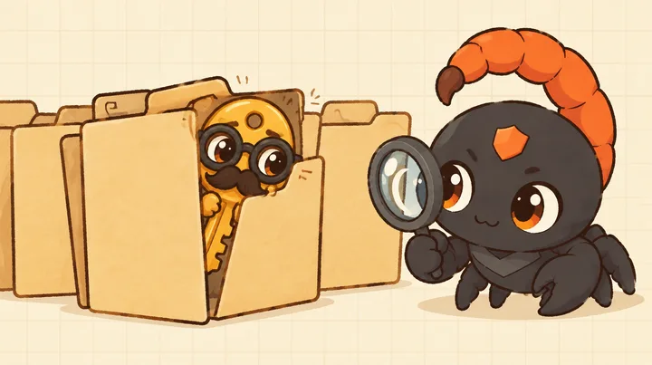 A golden key in a funny disguise hides in a row of folders, and the Sting mascot spots it with a magnifying glass.
