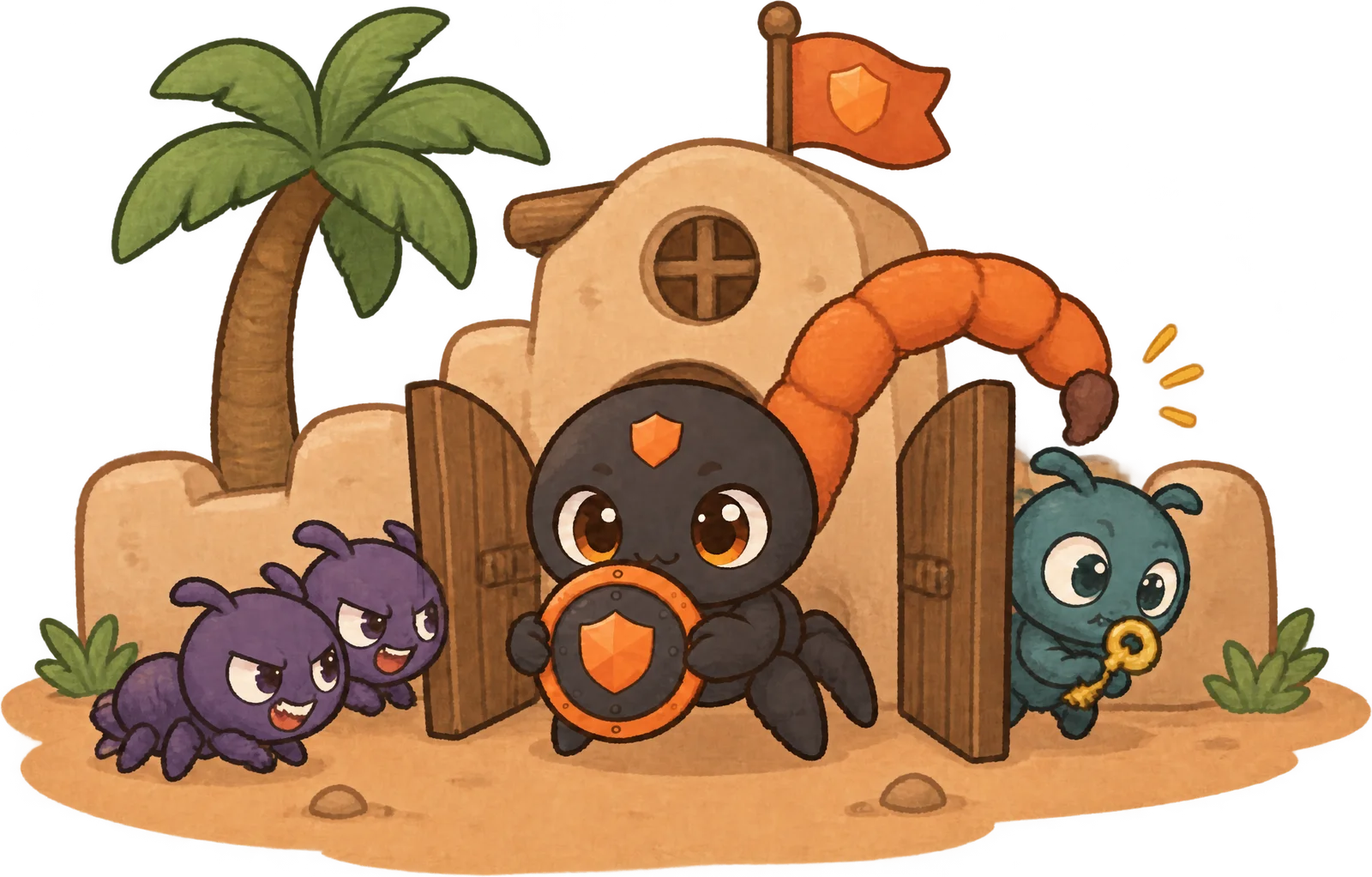 The Sting mascot guarding the gate of a small desert outpost: it blocks bugs trying to get in and stops one sneaking out with a key.
